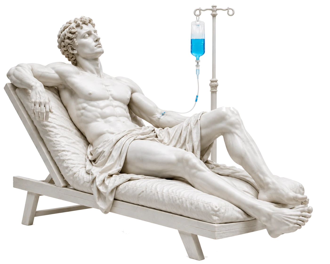 Marble statue of a reclining Greek figure receiving an intravenous infusion, vial full