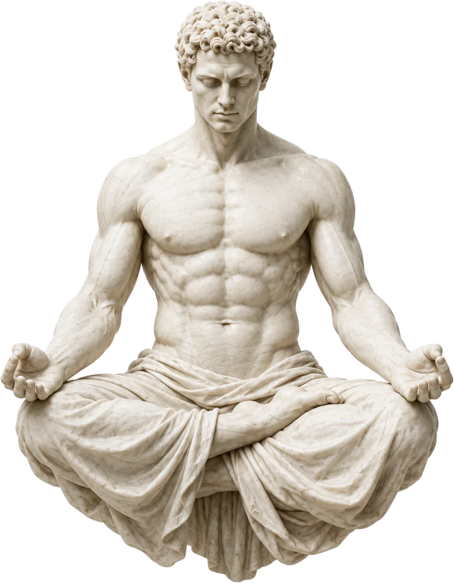 Marble statue of a Greek figure seated in meditation, floating